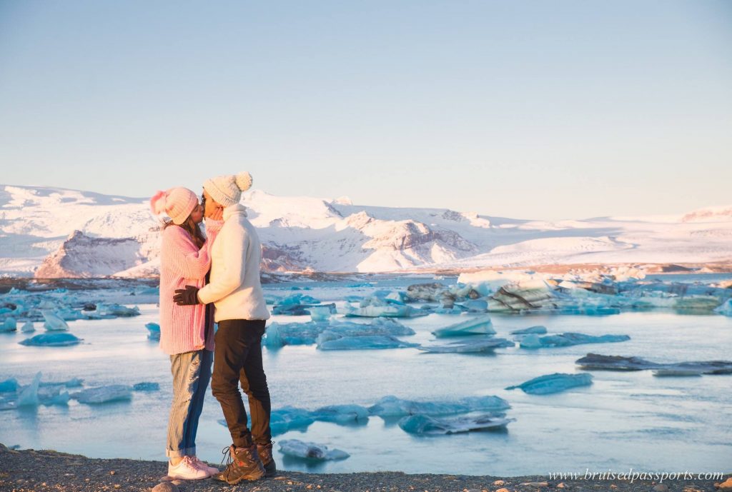 couple kissing at Jokulsarlon Glacier Lagoon