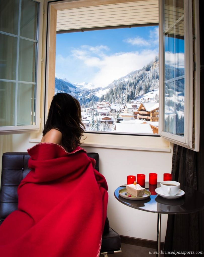 girl in hotel in Swiss Alps