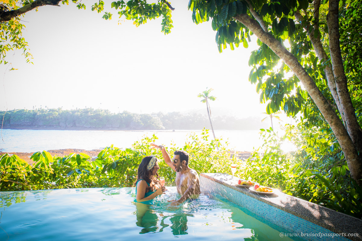 sunset from plunge pool of Susana honeymoon bure at Namale resort and Spa fiji